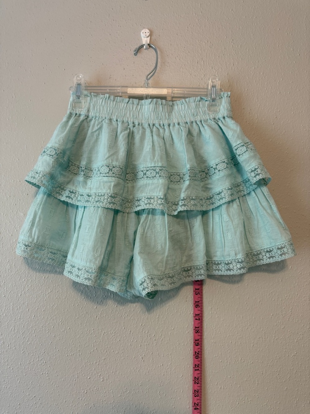 Altar'd State Light Aqua Tiered Lace-Trim Shorts